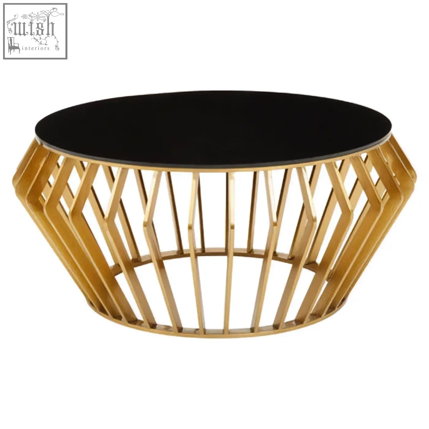 Ackley gold round coffee table with black glass top and gold toned geometric metal base for stylish living rooms