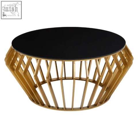 Ackley gold round coffee table with gold-toned geometric base and sleek black glass top for stylish living rooms