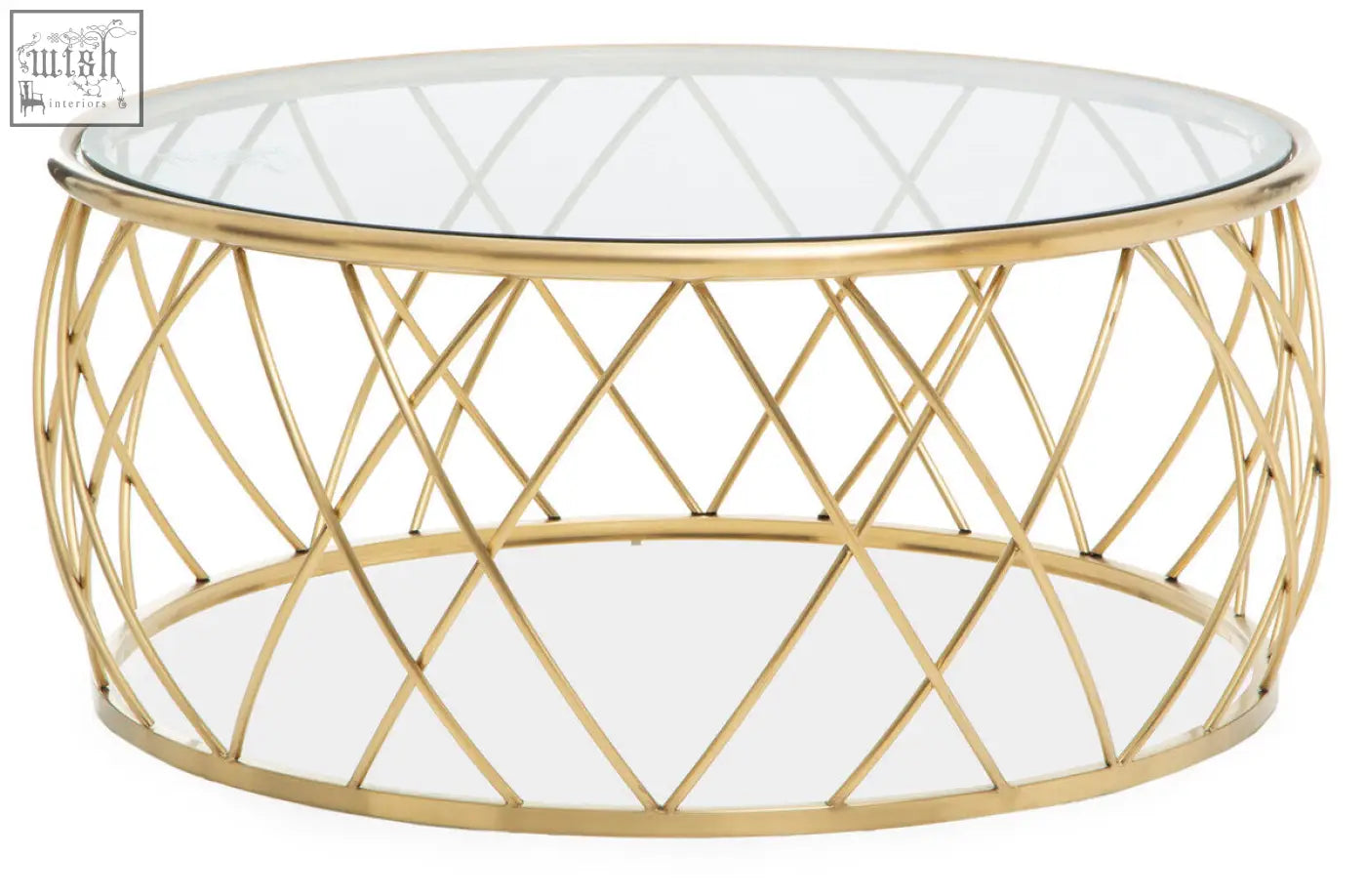 Ackley gold round coffee table features a gold-finished metal frame with clear glass top and diamond-patterned design