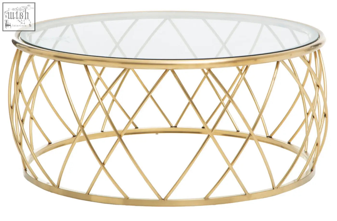 Ackley gold round coffee table with clear glass top and gold-toned geometric metal frame for stylish living rooms