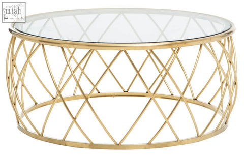 Ackley gold round coffee table with clear glass top and gold-toned geometric metal frame for stylish living rooms