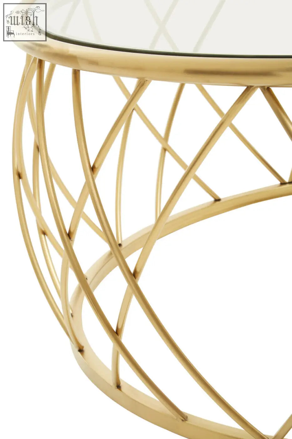 Ackley gold round coffee table with clear glass top and gold-toned metal crisscross lattice base