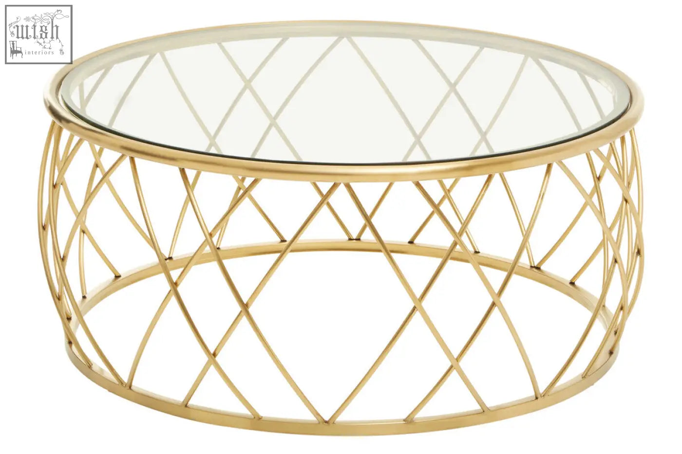 Ackley gold round coffee table with clear glass top and gold-toned metal diamond patterned frame