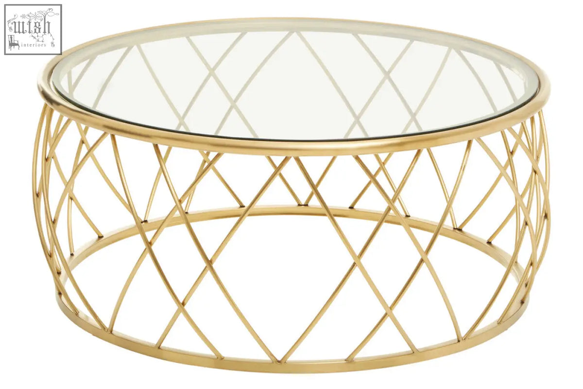 Ackley gold round coffee table with clear glass top and gold-toned metal diamond patterned frame