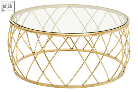 Ackley gold round coffee table with clear glass top and gold-toned metal diamond patterned frame
