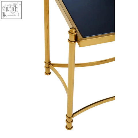 Ackley gold side table with gold stainless steel frame and black glass dark blue top for stylish living rooms