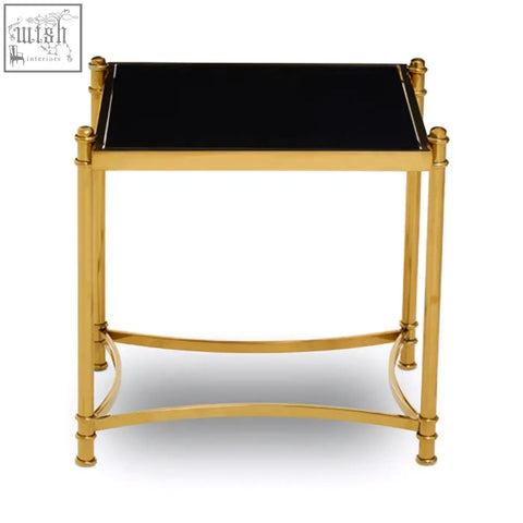 Ackley gold side table with sleek black glass top and gold finished stainless steel frame perfect for modern decor