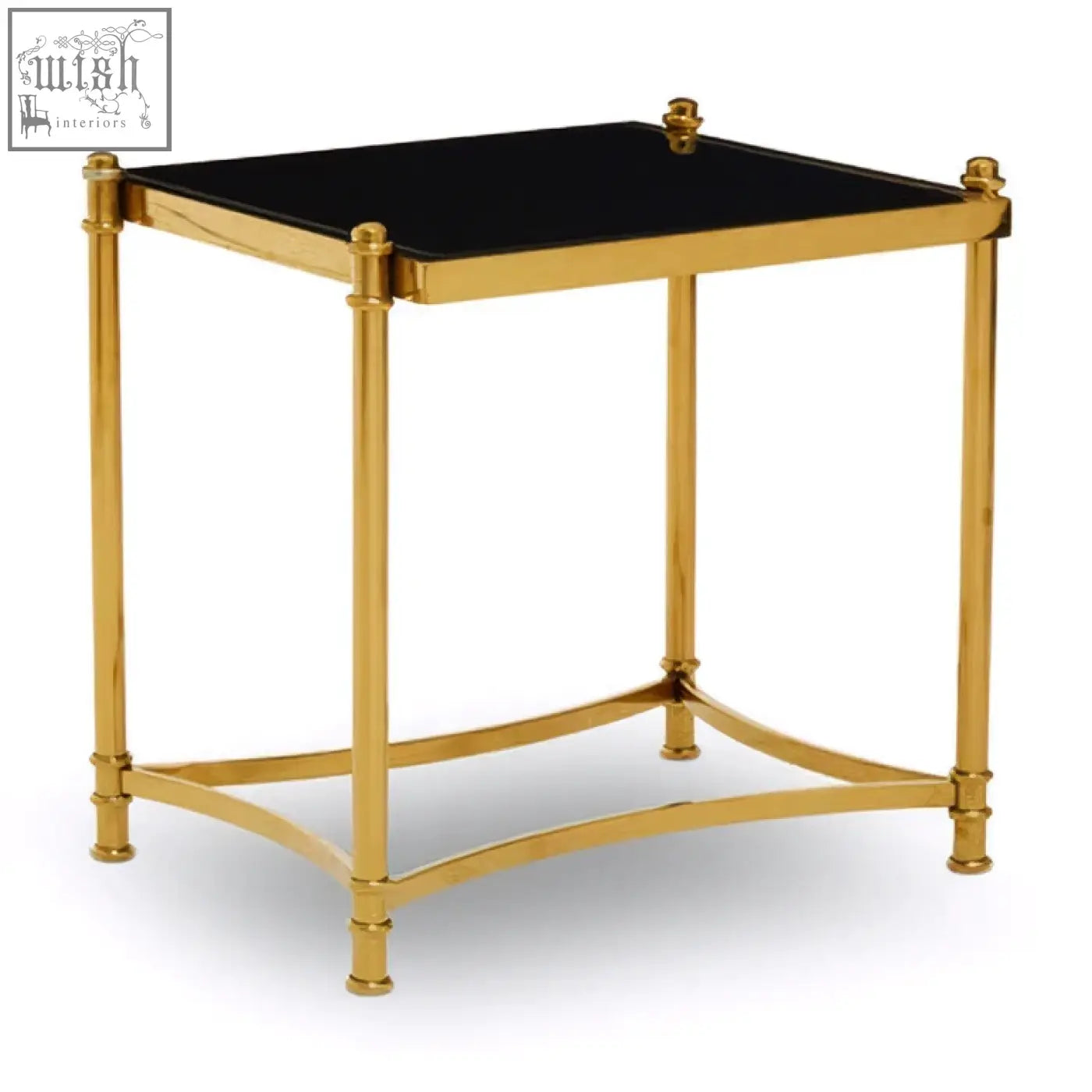 Ackley gold side table with gold-finished stainless steel frame and sleek black glass top for stylish living room use