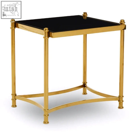 Ackley gold side table with gold-finished stainless steel frame and sleek black glass top for stylish living room use