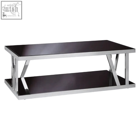 Ackley silver coffee table with black glass top and stainless steel legs featuring a sleek lower shelf