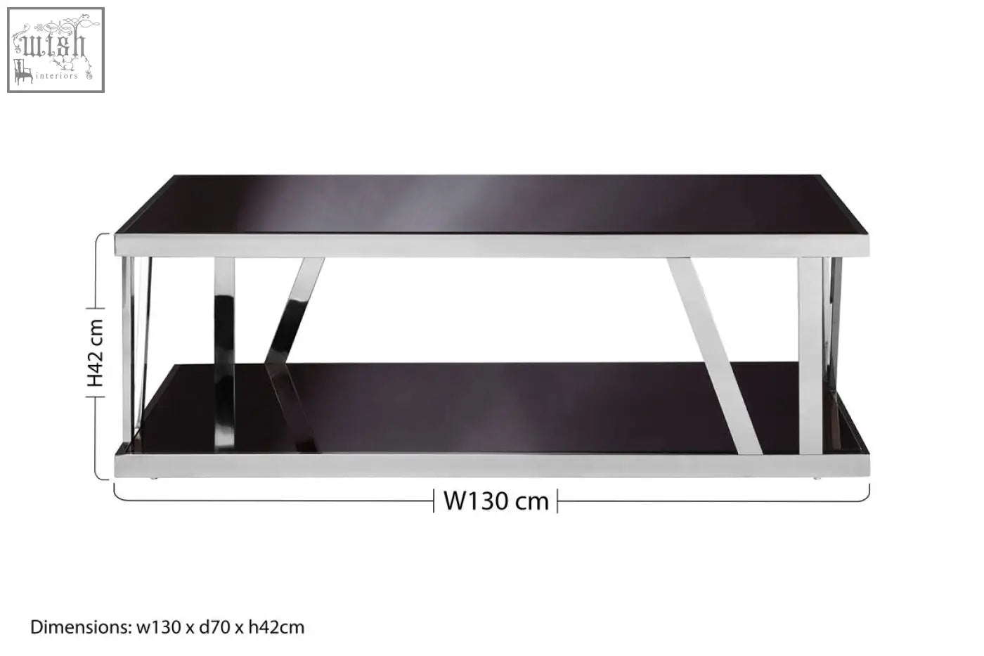 Ackley silver coffee table with black glass top and sleek stainless steel legs measuring 130 cm by 70 cm