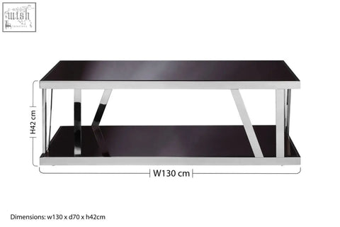 Ackley silver coffee table with black glass top and sleek stainless steel legs measuring 130 cm by 70 cm