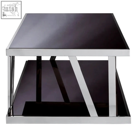 Ackley silver coffee table with black glass top, sleek chrome stainless steel legs, and a lower shelf for style and storage