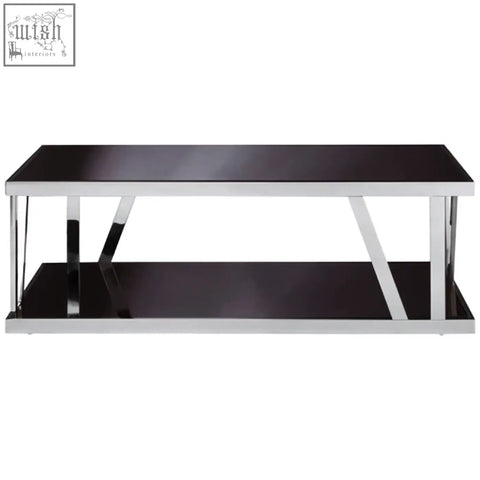 Ackley silver coffee table with black glass top, sleek stainless steel legs, and angular geometric design with shelf