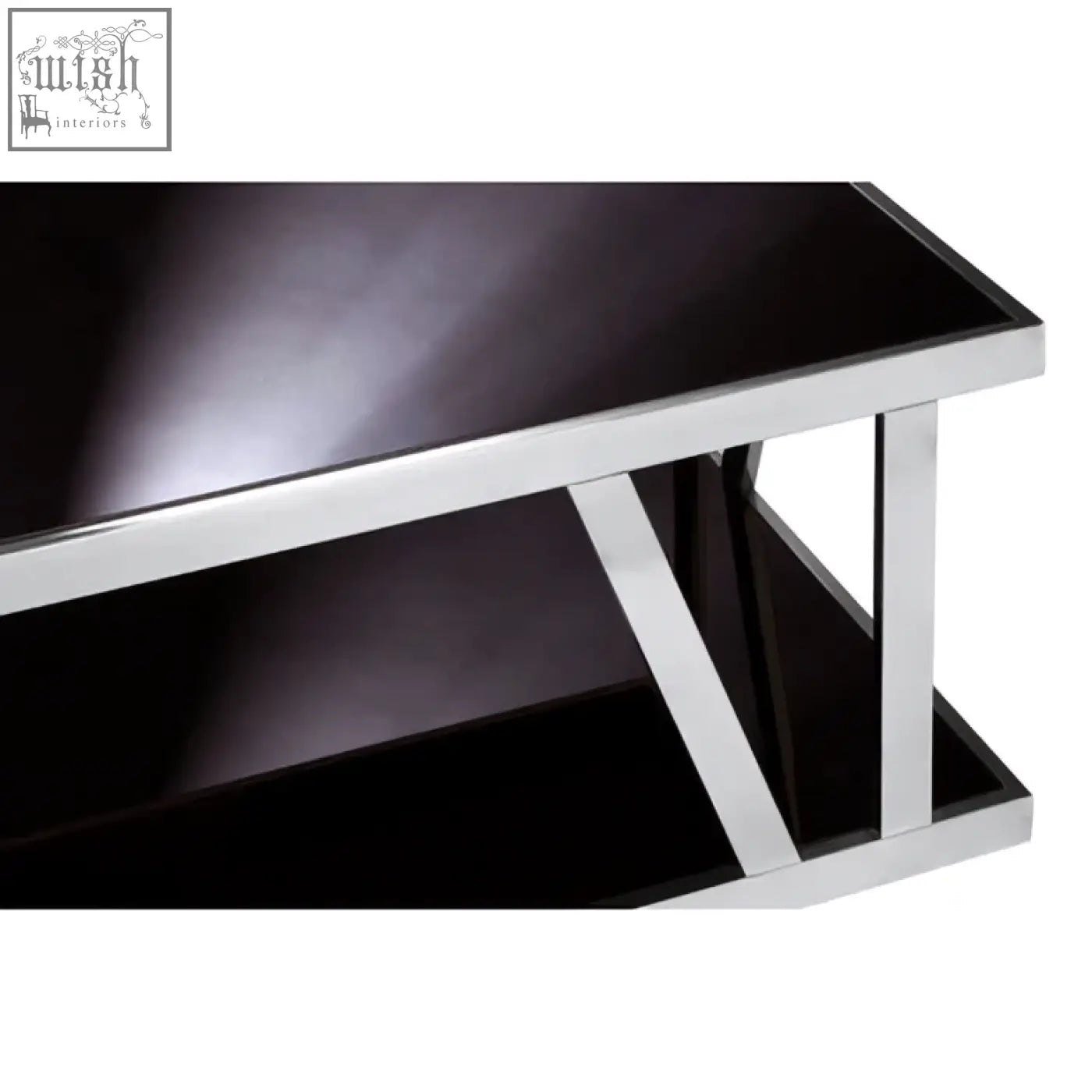 Ackley silver coffee table with black glass top and stainless steel chrome legs in a modern geometric design