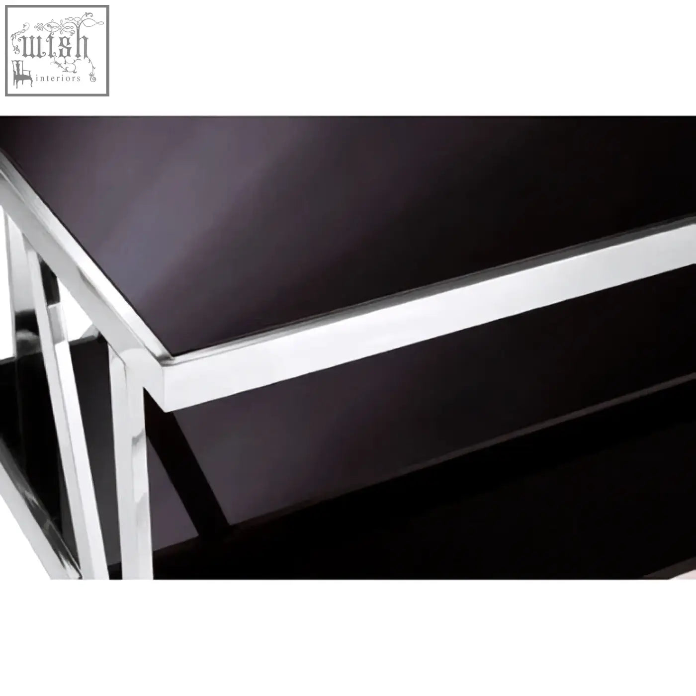 Ackley silver coffee table with black glass top and sleek stainless steel frame perfect for modern living spaces