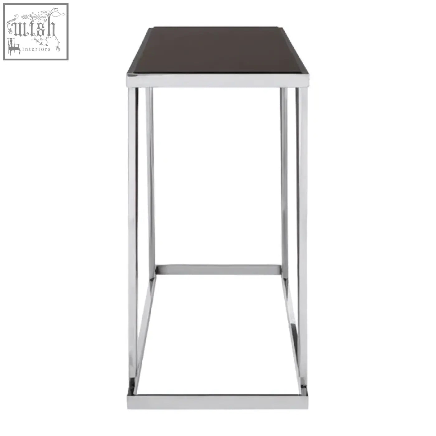 Modern ackley console table with chrome metal frame and black tempered glass top for stylish living spaces
