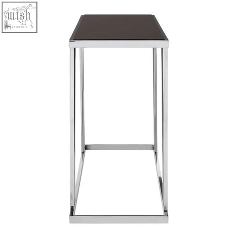 Modern ackley console table with chrome metal frame and black tempered glass top for stylish living spaces