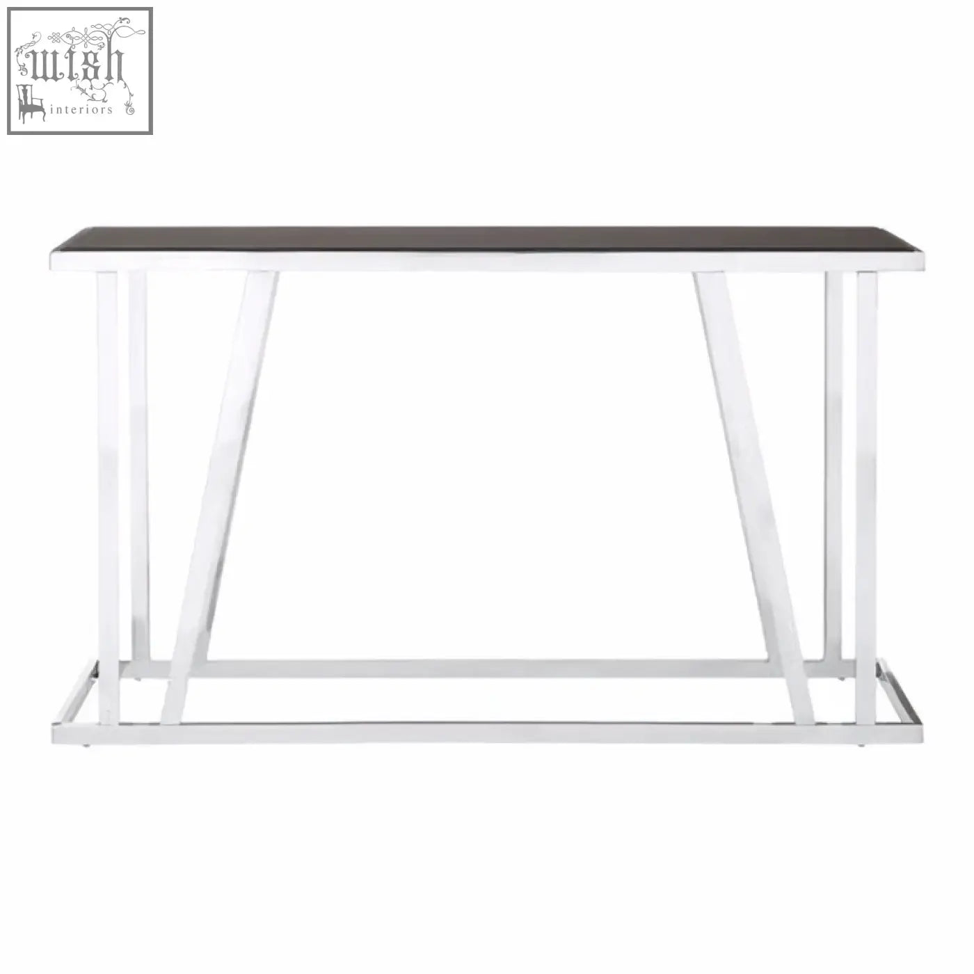 Ackley console table with black tempered glass top and polished chrome metal legs for modern living spaces