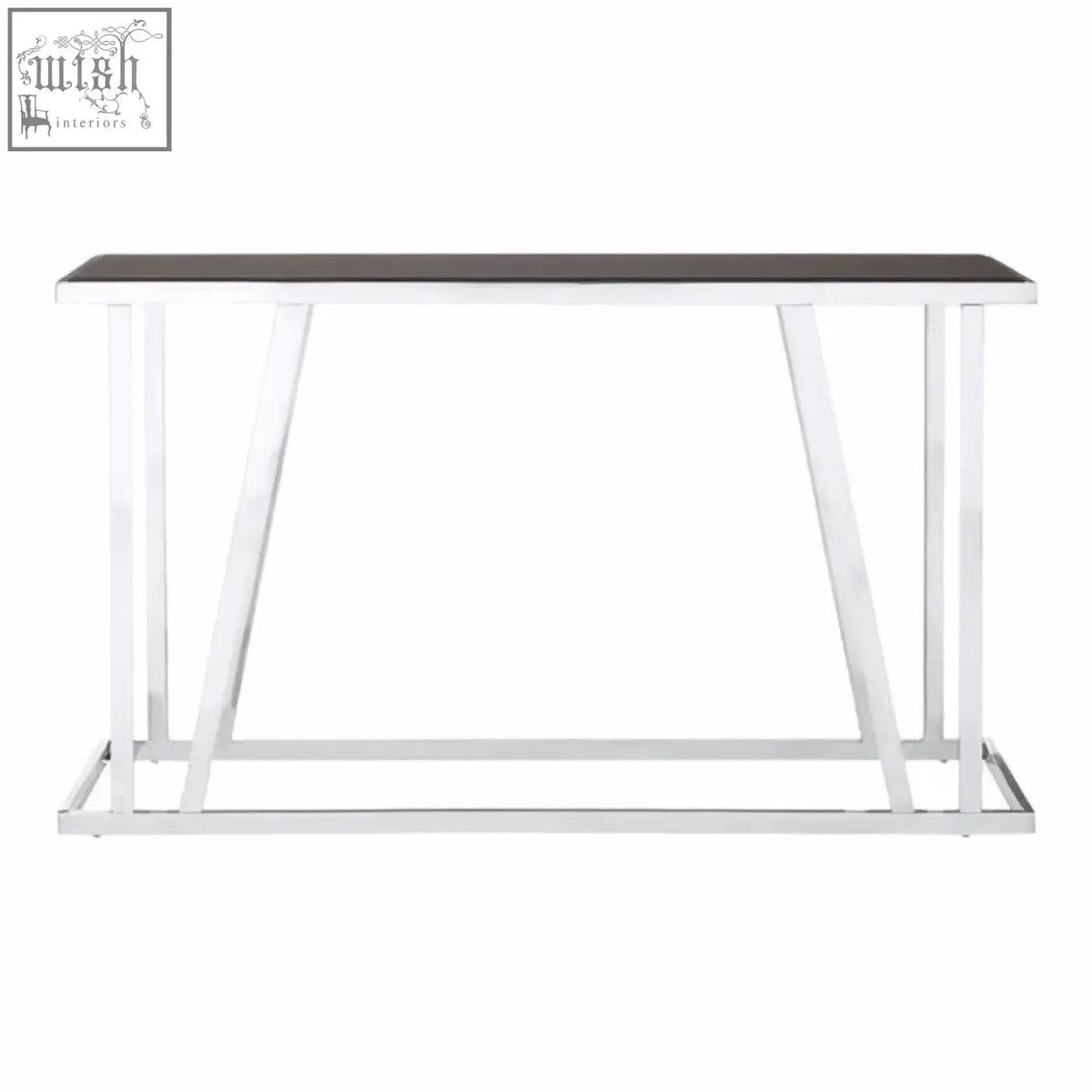 Ackley console table with black tempered glass top and polished chrome metal legs for modern living spaces