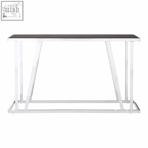 Ackley console table with black tempered glass top and polished chrome metal legs for modern living spaces