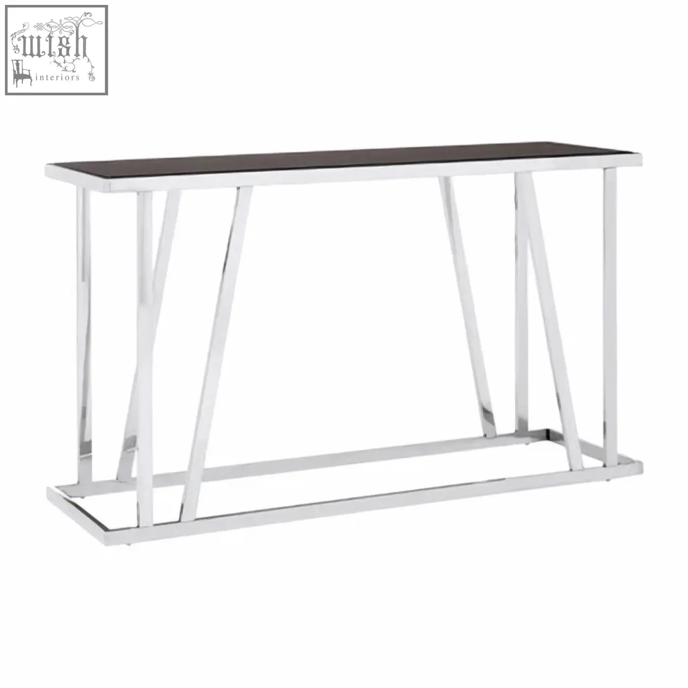 Modern ackley console table with sleek black tempered glass top and shiny silver chrome legs for stylish storage