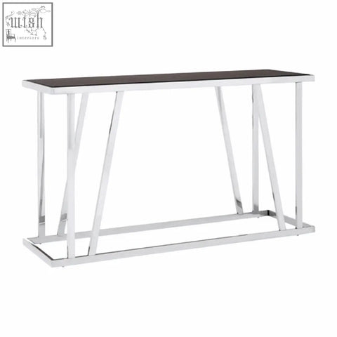 Modern ackley console table with sleek black tempered glass top and shiny silver chrome legs for stylish storage