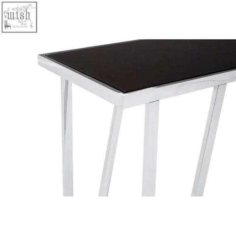 Ackley console table with black tempered glass top and sleek chrome legs for modern living spaces