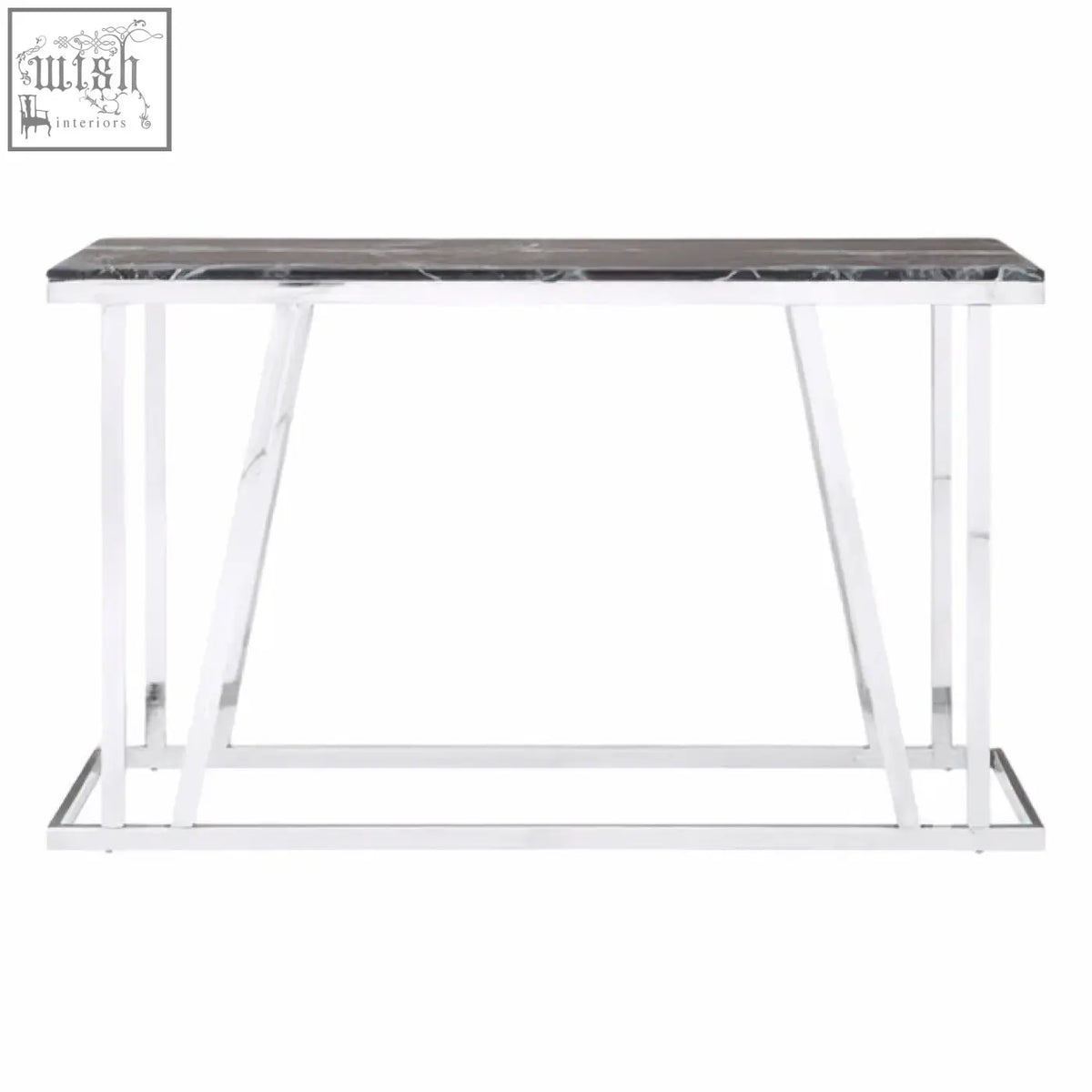 Ackley console table with sleek black marble top and polished chrome legs perfect for modern entryways or living rooms