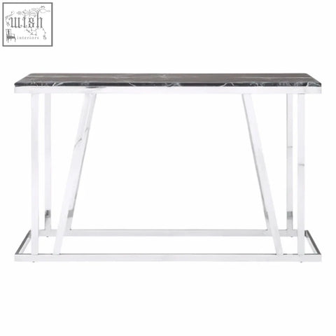 Ackley console table with sleek black marble top and polished chrome legs perfect for modern entryways or living rooms