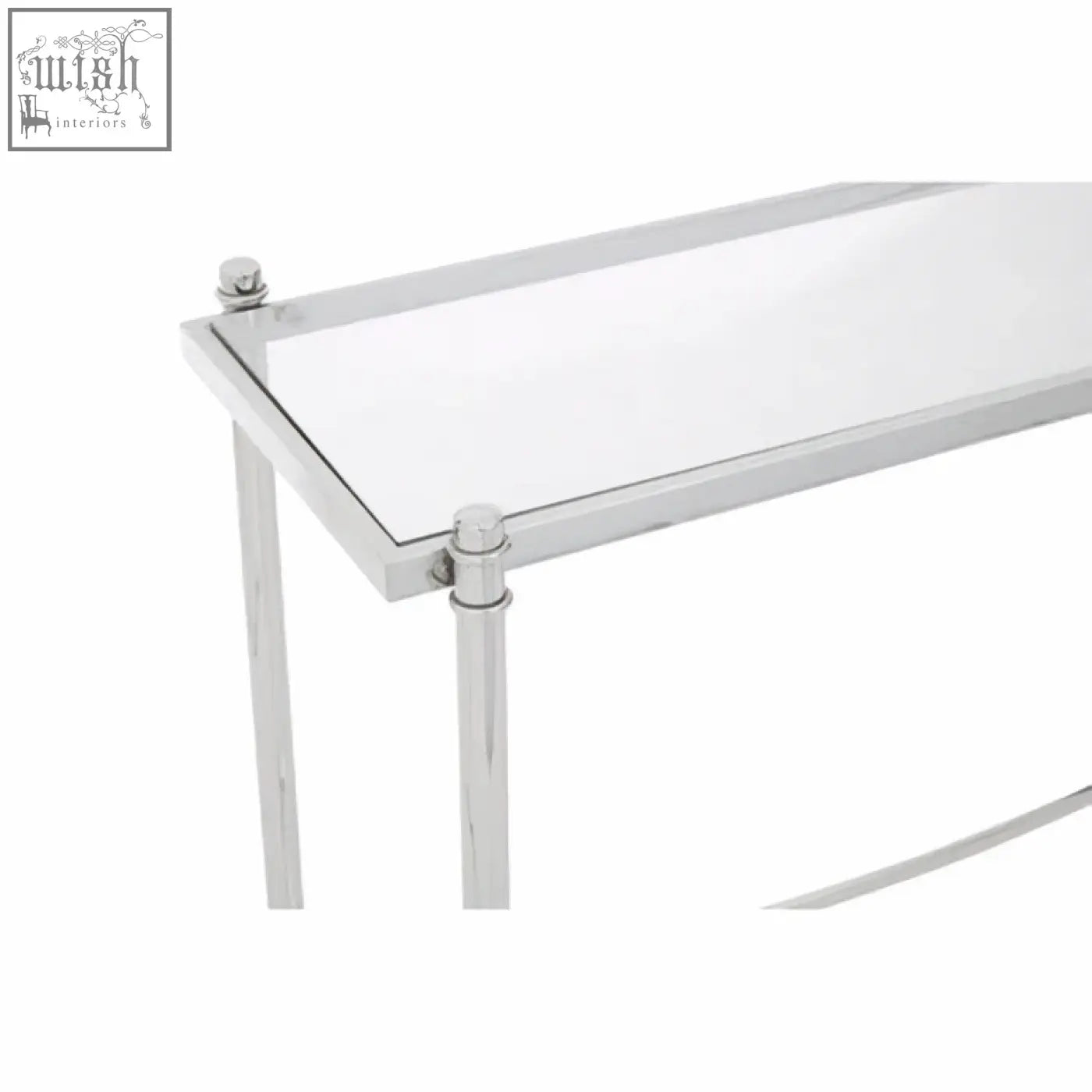 Ackley silver console table with clear glass top and stainless steel frame featuring polished chrome legs and finials