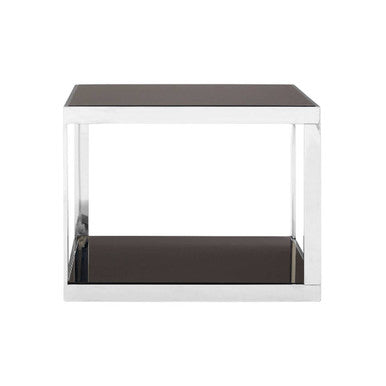 Modern rectangular ackley silver square coffee table with sleek chrome frame and two dark glass shelves