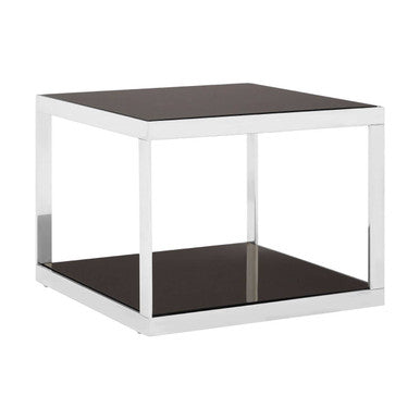 Ackley silver square coffee table with sleek black glass top and bottom framed by polished chrome legs