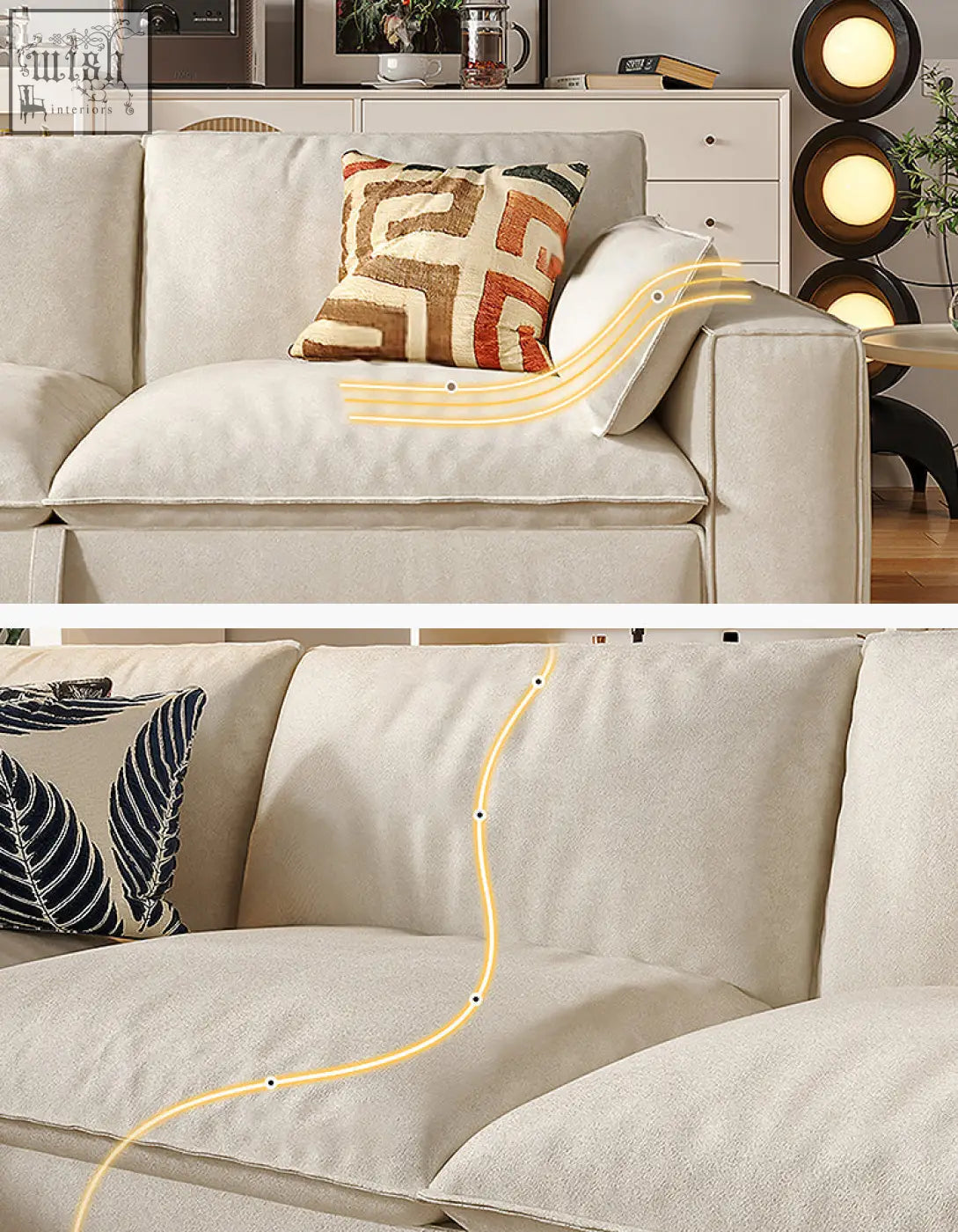 Beige suede corner sofa bed with storage featuring textured weave and patterned throw pillows in cozy style