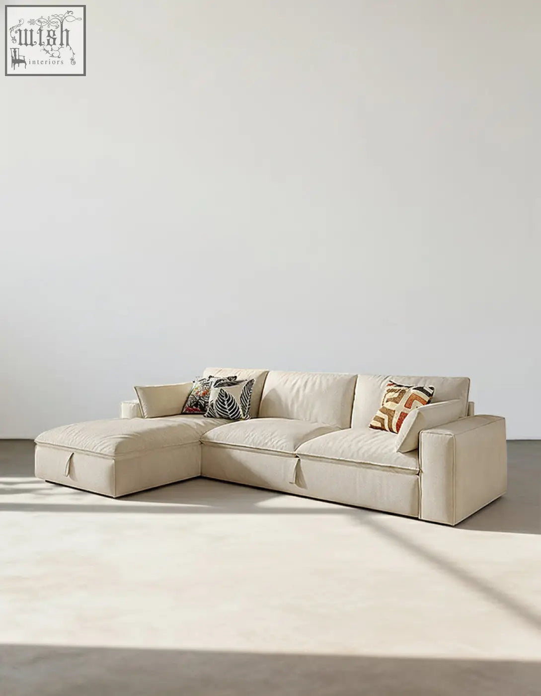 Beige suede acosta corner sofa bed with storage featuring modern minimalist design and decorative throw pillows