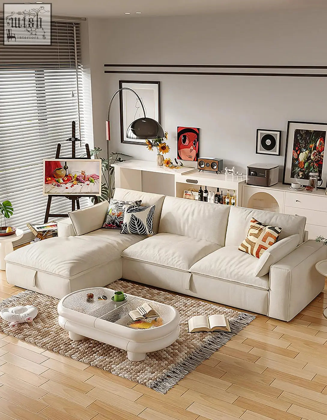 Cream-colored suede acosta corner sofa bed with plush cushioned seating and modern minimalist design with storage
