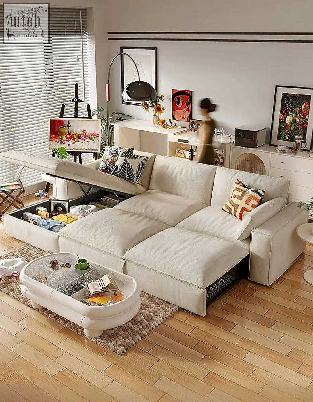 Cream-colored suede acosta corner sofa bed with hidden storage compartments and sleek modern design