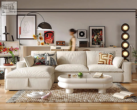 White leather acosta corner sofa bed with storage and patterned throw pillows with matching oval coffee table