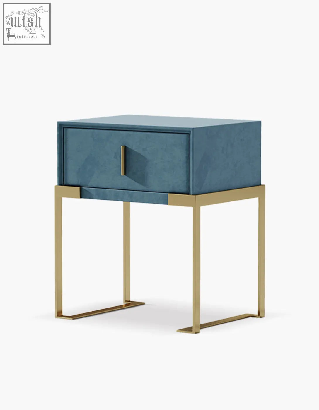Acton bedside table velvet in blue velvet with gold metal legs and single drawer perfect for table set use