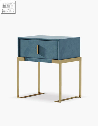 Acton bedside table velvet in blue velvet with gold metal legs and single drawer perfect for table set use