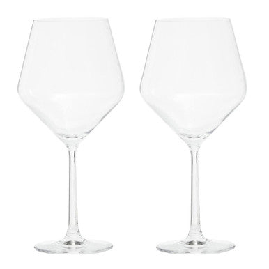 Clear elegant crystal burgundy glasses with modern geometric design and slender stems in a set of 2