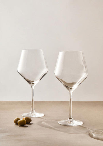 Ada set of 2 crystal burgundy glasses with clear crystal, slender stems, and elegant flared bowls for wine enjoyment