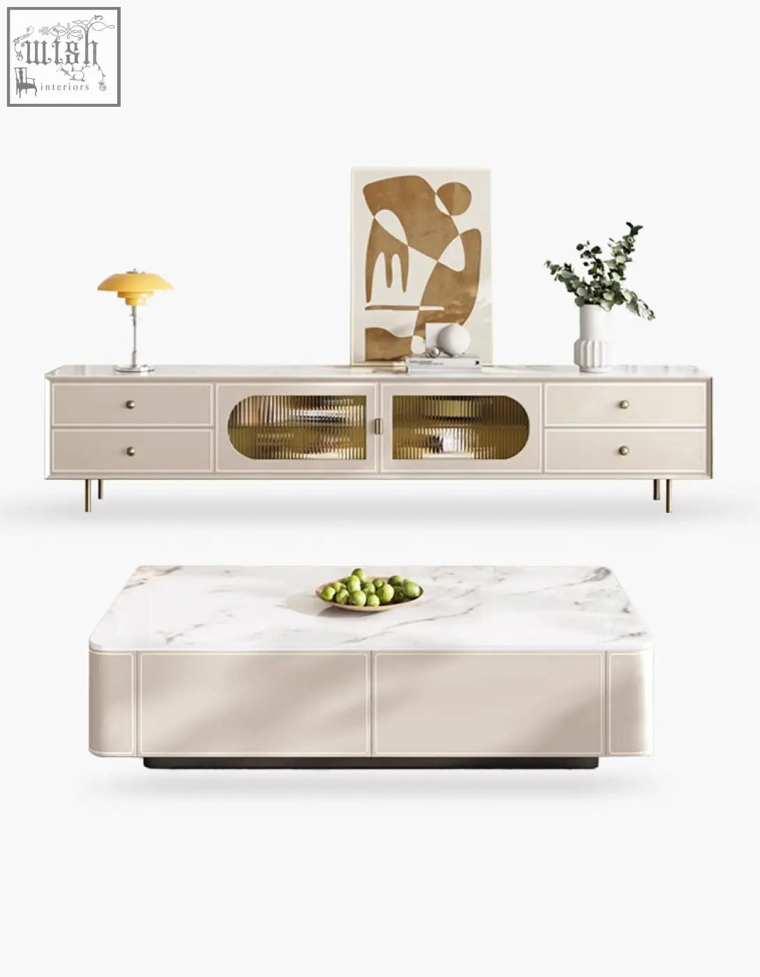 Beige marble-top coffee table with two drawers in sleek minimalist design for pine wood adelaide tv stand setup