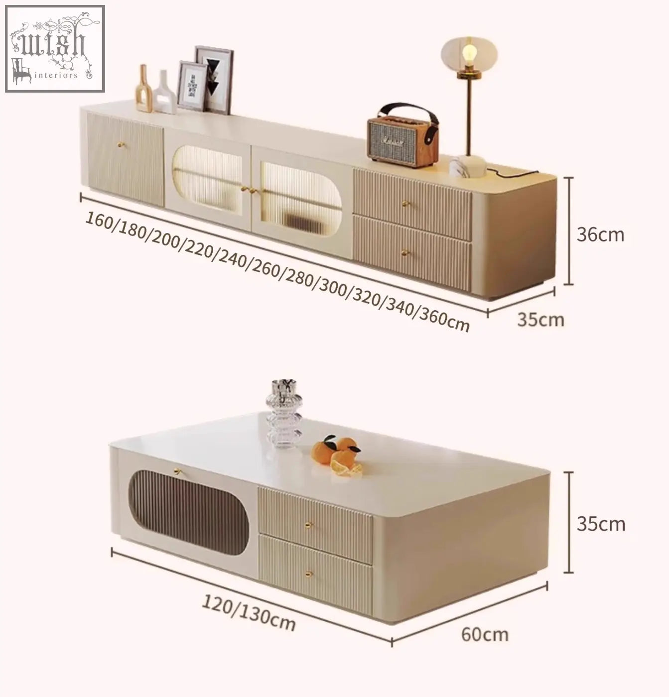 Beige adelaide tv stand in pine wood with ribbed texture gold handles and glass-fronted cabinets for modern living room