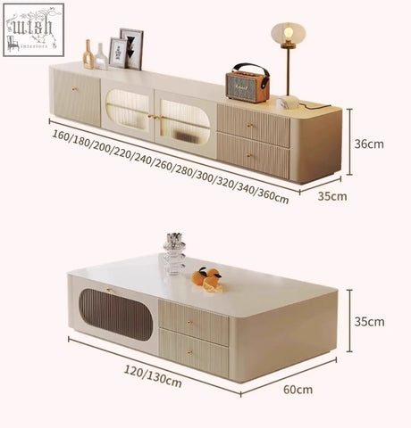 Beige adelaide tv stand in pine wood with ribbed texture gold handles and glass-fronted cabinets for modern living room