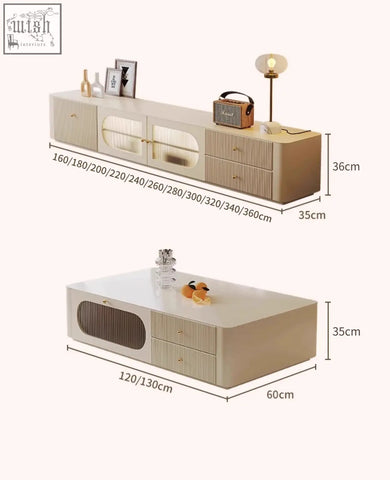 Beige adelaide tv stand in pine wood with ribbed texture gold hardware and glass fronted cabinets and drawers