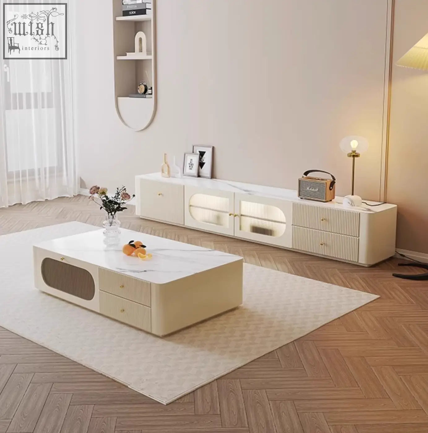 Cream-colored coffee table with white marble top and storage drawers in pine wood adelaide tv stand design