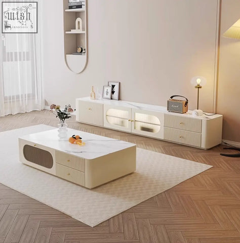 Cream-colored coffee table with white marble top and storage drawers in pine wood adelaide tv stand design
