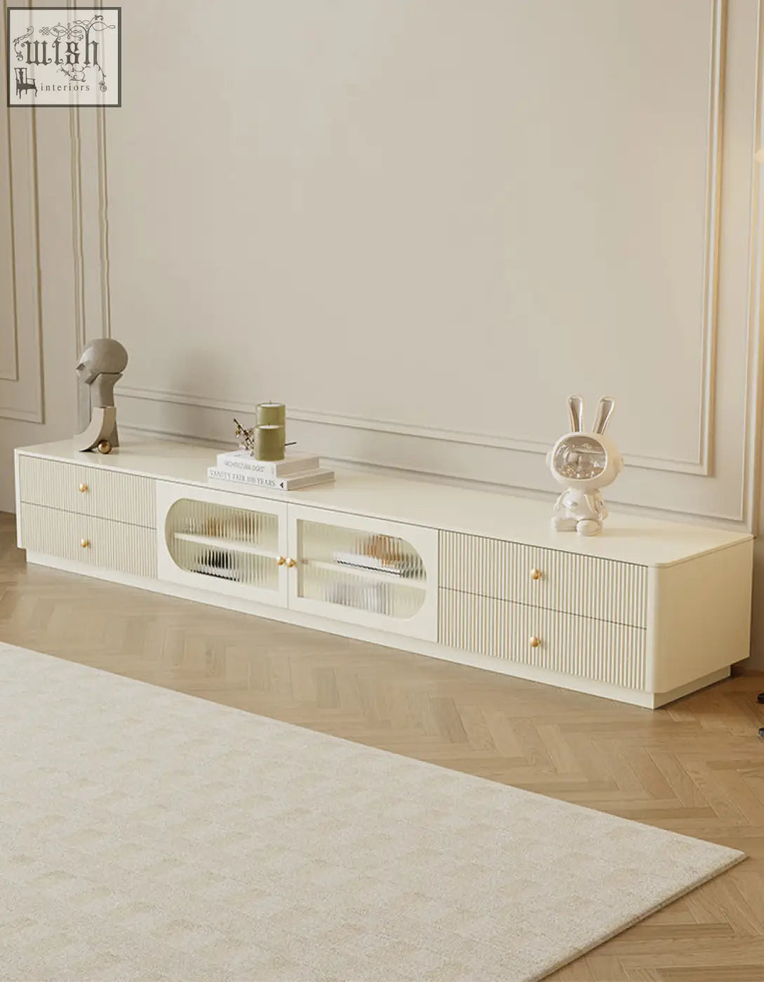 Cream-colored adelaide tv stand with vertical ribbed drawers and frosted glass panels made of pine wood