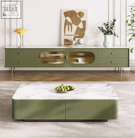 Olive green marble-top coffee table with minimalist drawers in pine wood adelaide tv stand design